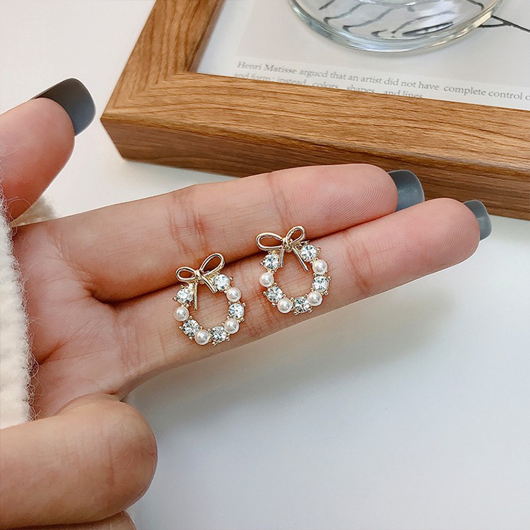 Khuyên tai kẹp không bấm lỗ chốt cố định K073 bằng hợp kim mạ vàng hình tròn đính hạt trai dáng ngắn Leous Accessories