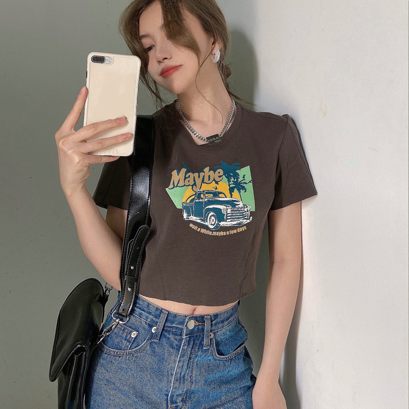 Áo Croptop Ngắn Tay In Hình Phong Cách Hàn Quốc Năng Động