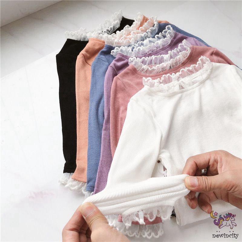 Áo thun tay dài cổ viền bèo phối ren xinh xắn phong cách Hàn Quốc cho bé gái