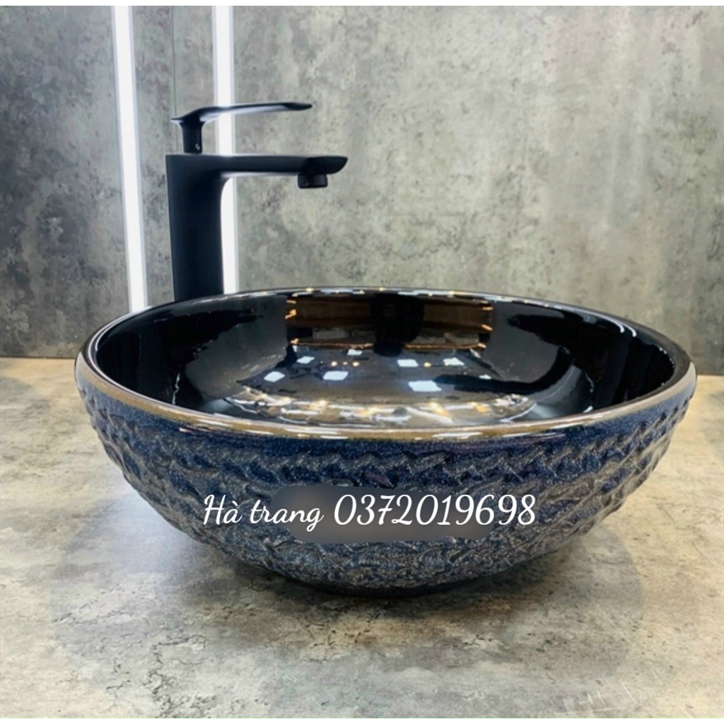 CHẬU RỬA MẶT LAVABO GỐM SỨ ĐẶT BÀN HÌNH TRÒN HỌA TIẾT HOA VĂN 20( ẢNH TỰ CHỤP)