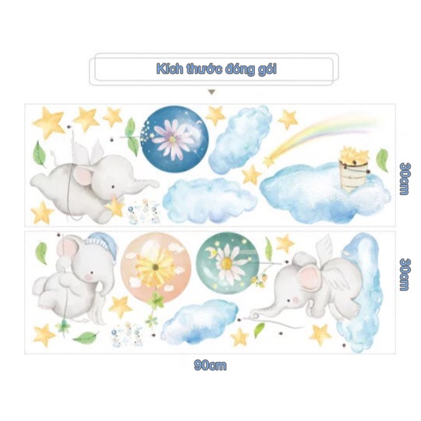 Decal trang trí tường - 3 thiên thần voi ôm bong bóng vui đùa