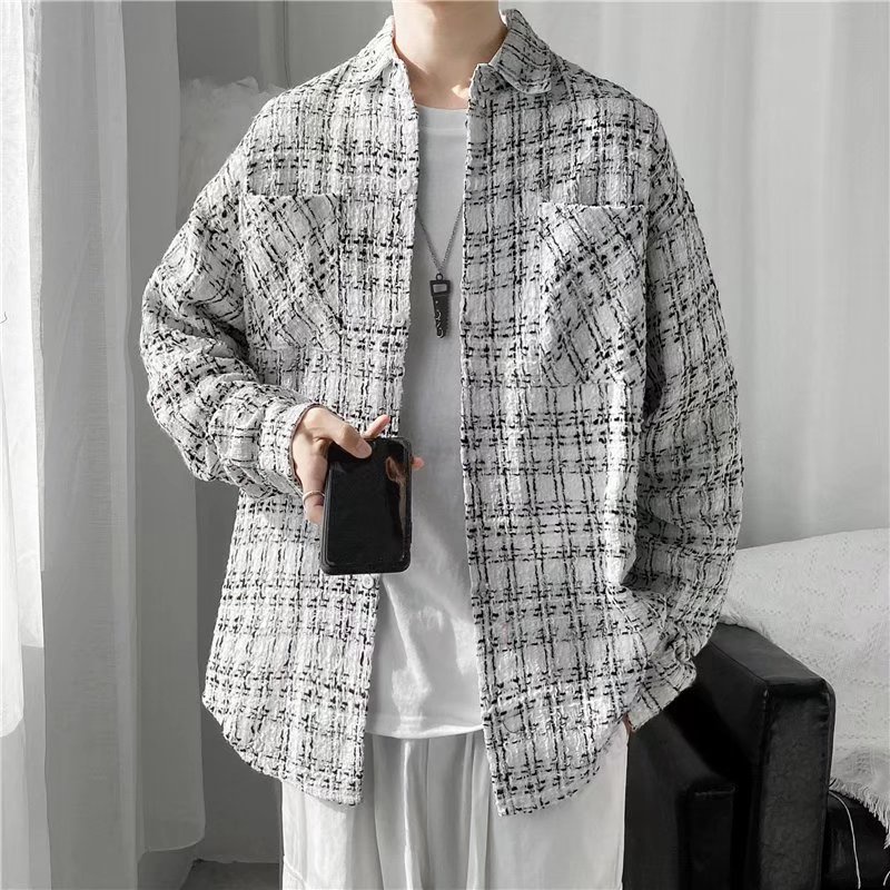 Áo Khoác Sơ Mi Len Mỏng Sọc Ca Rô Phong Cách harajuku Đường Phố Cá Tính Dành Cho Nam