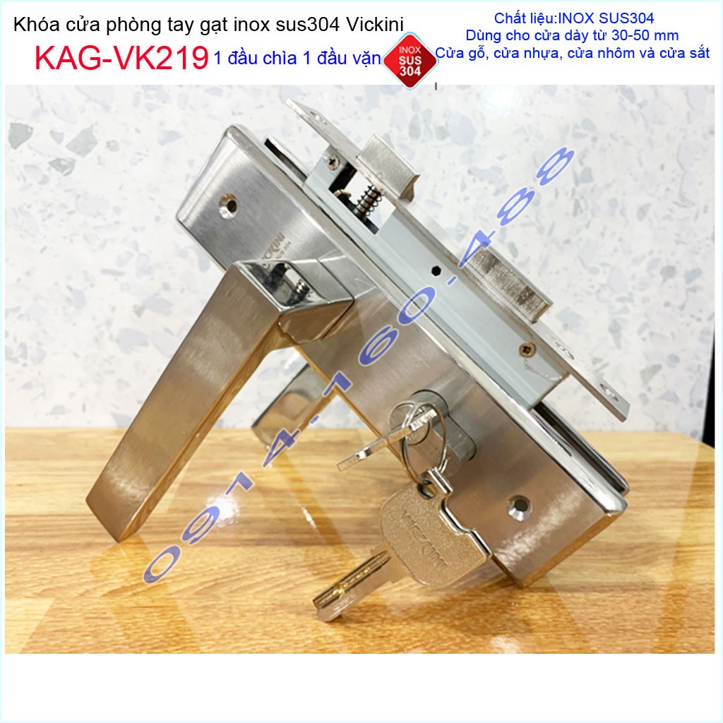 Khóa cửa tay gạt inox KAG-VK219, khóa cửa trọn bộ thân+ tay ốp + ruột khóa Vickini