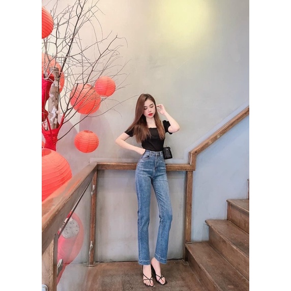 Quần jeans suông giãn gấu to #395