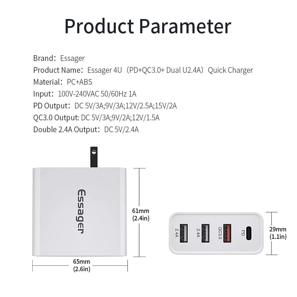 Củ Sạc Nhanh 48W 4 Cổng Essager 4U - QC 3.0 18W - PD 3.0 30W - AFC - FCP - Hàng Chính Hãng - Bảo Hành 1 Năm