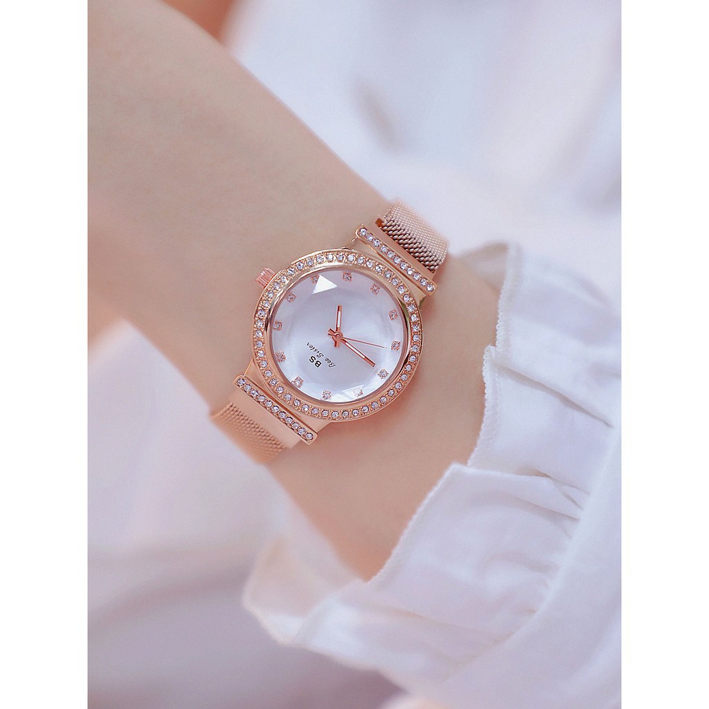 Đồng hồ nữ Bee Sister FA1519 dây thép cao cấp khóa nam châm mặt tròn đính đá đa giác. Bán lẻ giá sỉ