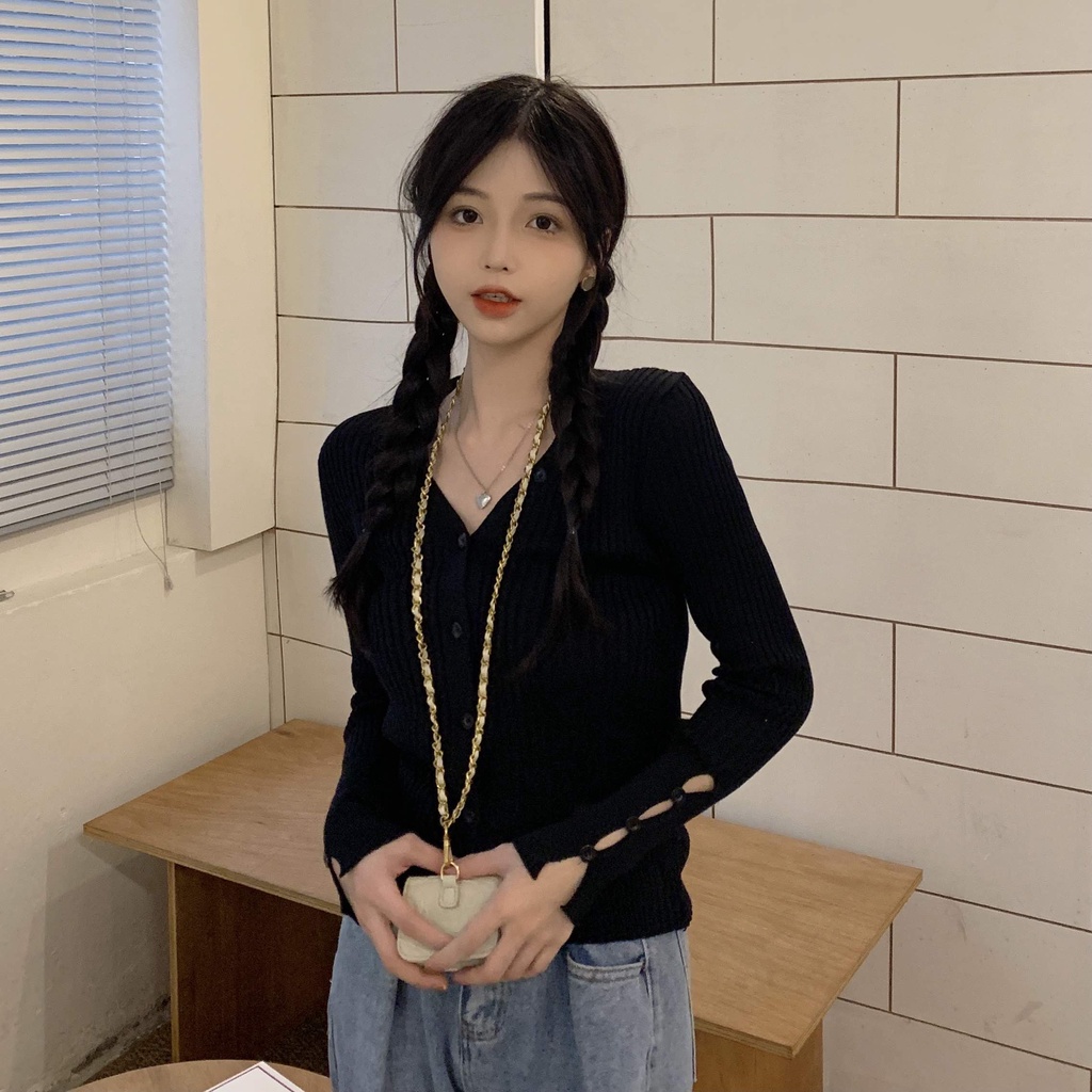 Áo khoác cardigan dệt kim tay dài cổ chữ v phối nút phong cách hàn quốc thời trang mùa thu mới cho nữ