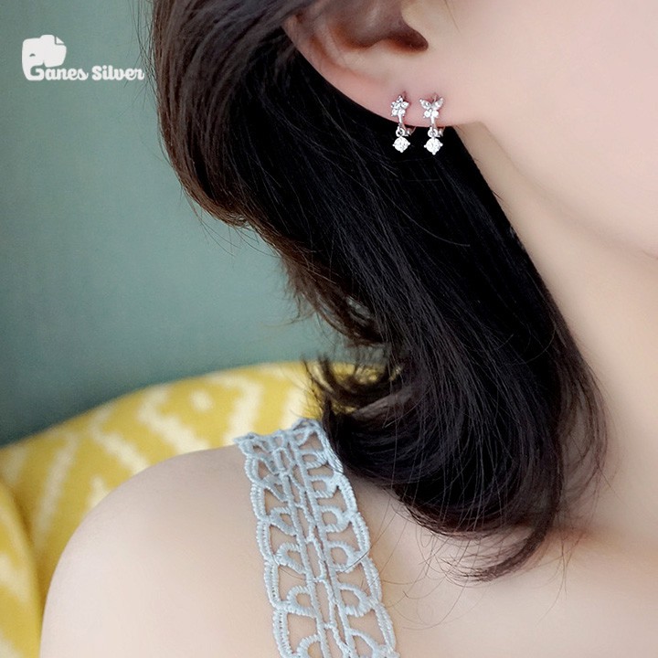 Bông Tai Nữ Tròn Cánh Bướm Đính Cườm Trắng Cực Đẹp - Ganes Silver