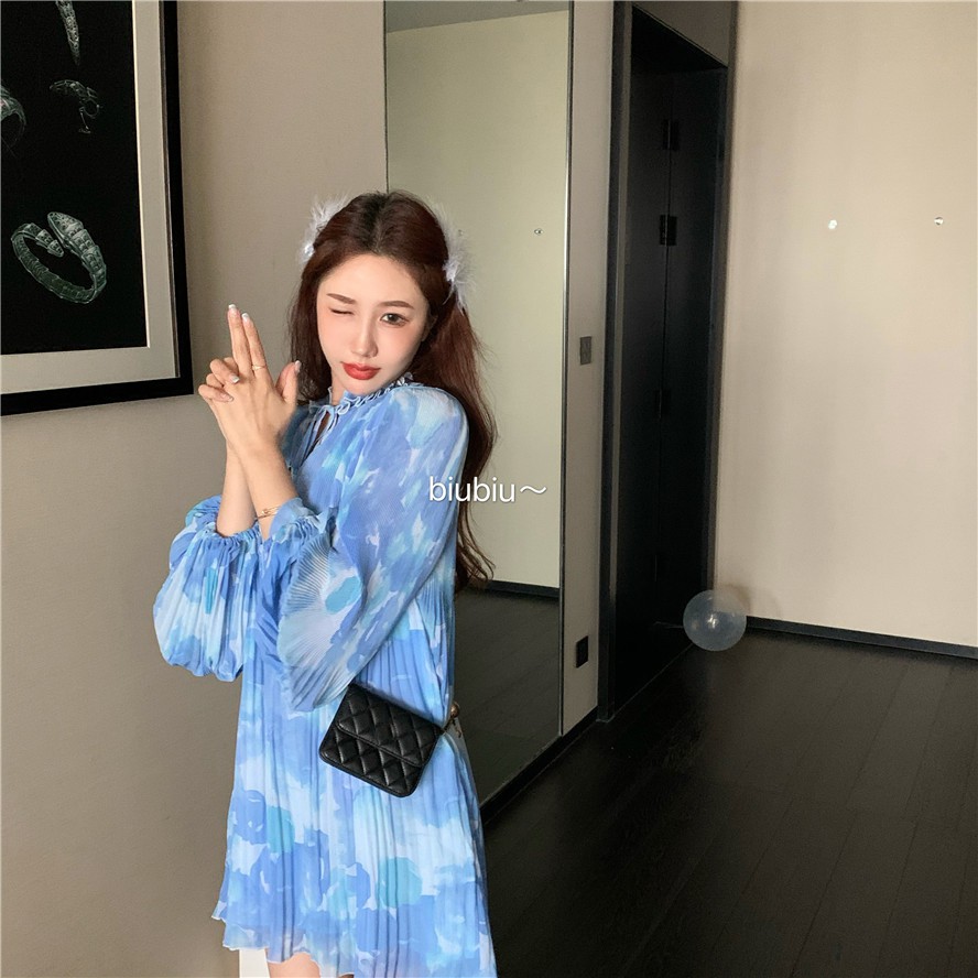 Đầm babydoll xếp li tay phồng hoa màu xanh Pastel dịu dàng D11