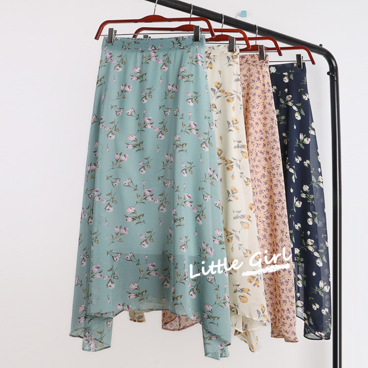 Chân váy midi voan hoa vạt high low mùa hè V092