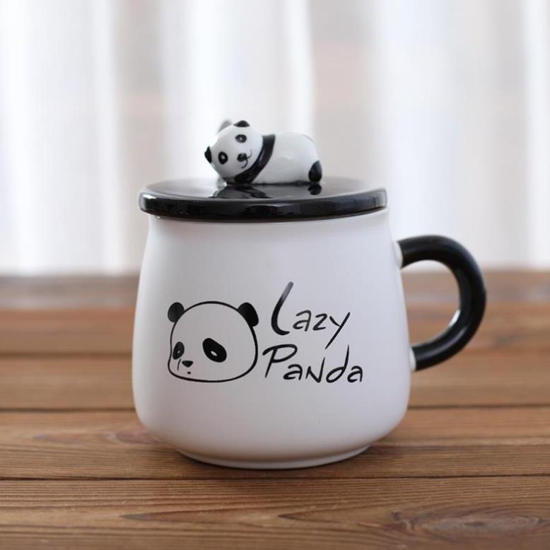 LY CỐC SỨ CẶP ĐÔI CÓ NẮP HÌNH GẤU PANDA CỰC NGỖ NGHĨNH 400ML KÈM THÌA XINH XẮN