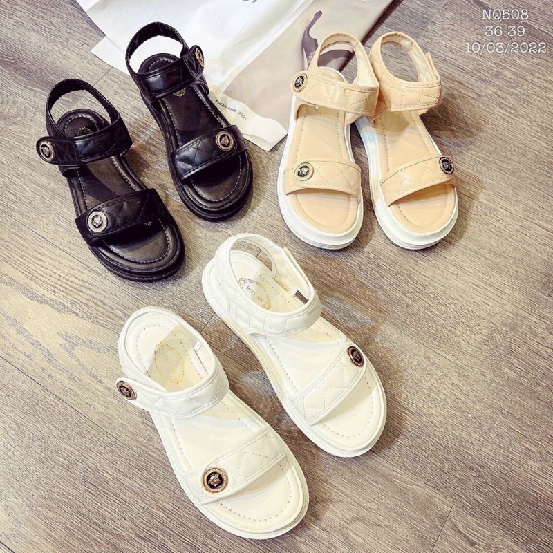 Sandal quai thêu đế bánh mì cao 3cm