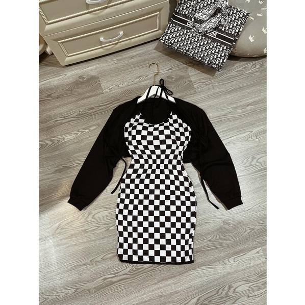 SET ĐẦM YẾM SỌC CARO KÈM ÁO KHOÁC CARDIGAN TRANG PHỤC DẠO PHỐ