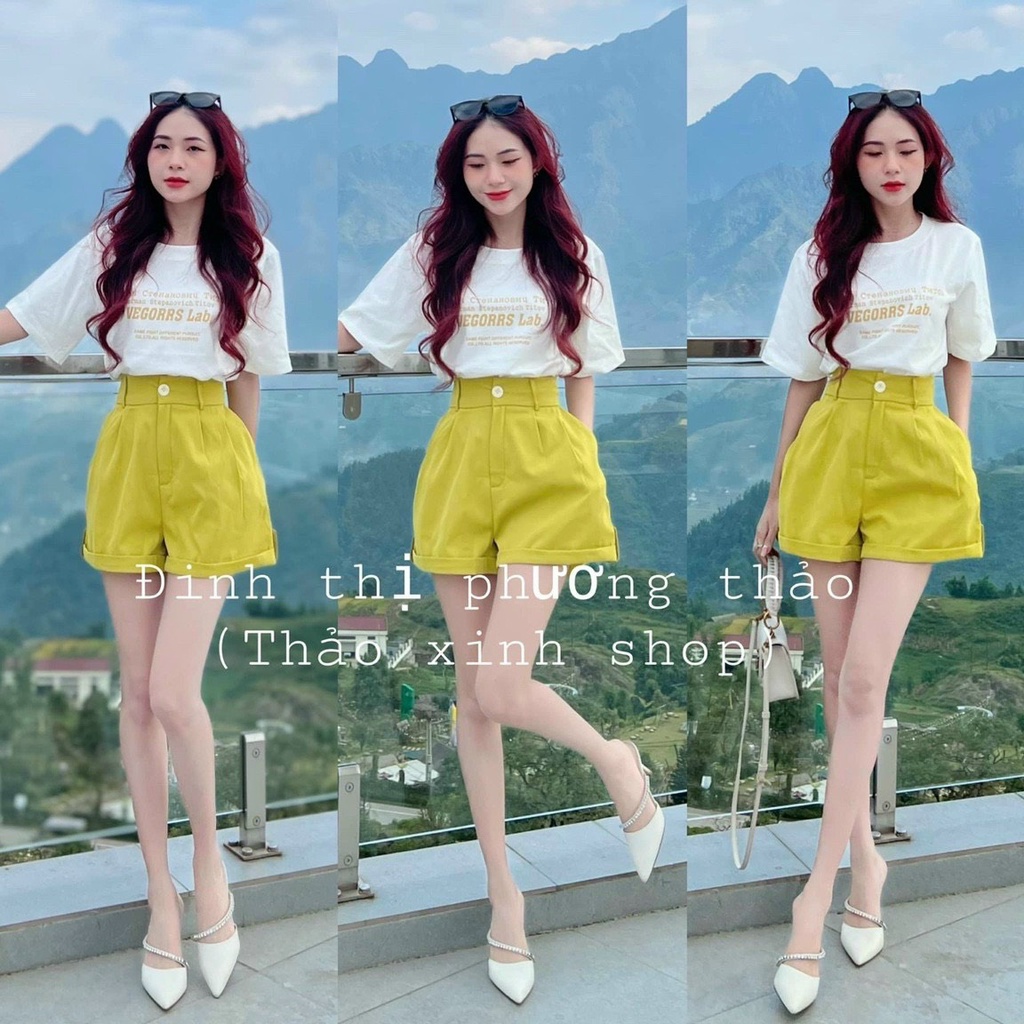 Sét bộ thời trang nữ mặc đi chơi áo cotton tay ngắn cổ tròn mix quần đùi chất for xinh xắn