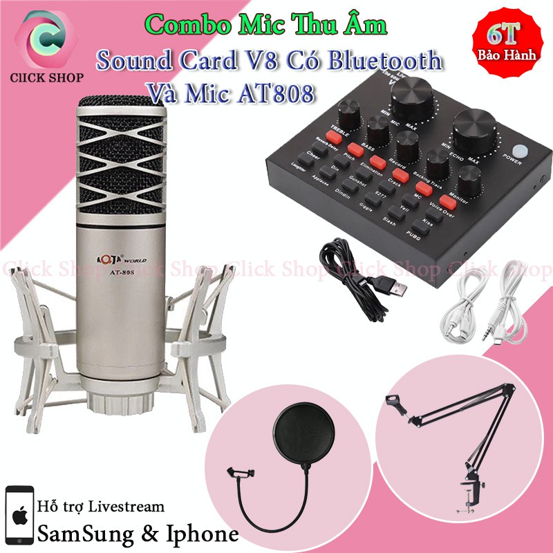 Bộ Mic Thu Âm Livestream Karaoke Aqta AT808 và Sound Card V8 có Bluetooth Auto-tune Chân Kẹp Màng Lọc Tặng Tai Nghe