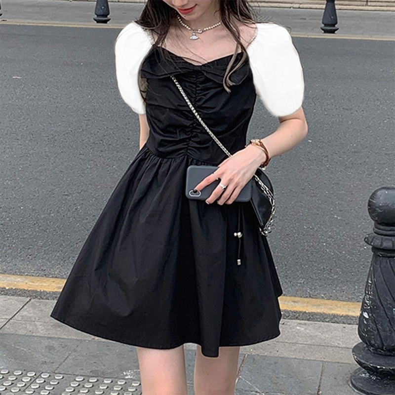 Đầm Mini Cổ Vuông Tay Phồng Eo Cao Dáng Chữ A Phong Cách Pháp Cổ Điển Thời Trang Cho Nữ