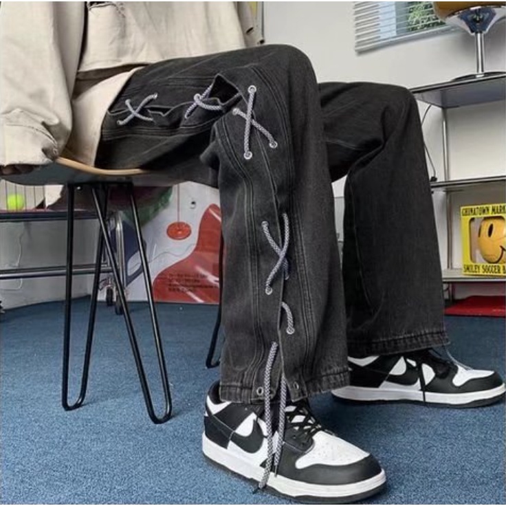 quần baggy jean thời trang cạp cao phong cách quần jean nam kiểu dáng quần jean nam kiểu dáng hàn quốc rộng suông xuông Quần ống suông