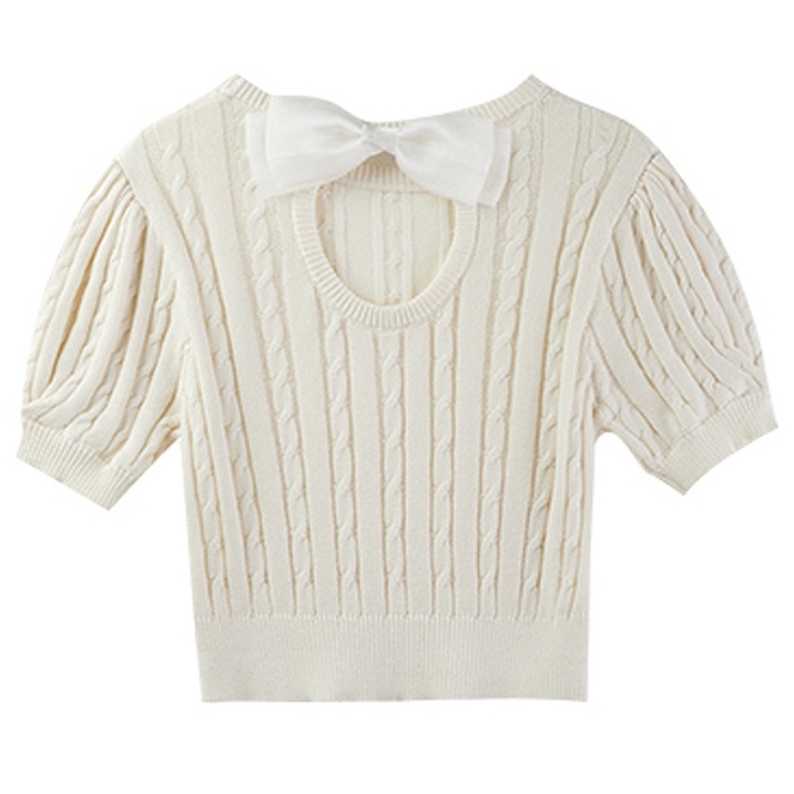 NUZIRO  Áo thun  dệt kim ngắn tay đính nơ xinh xắn cho nữ