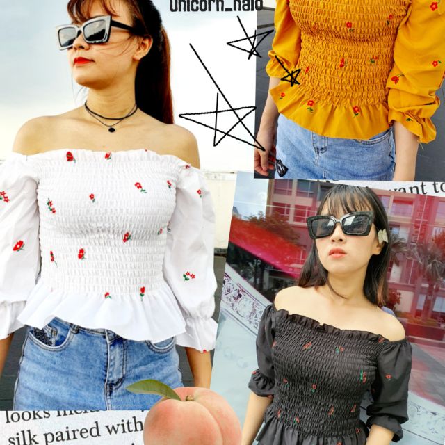 [Ảnh Thật] Áo Trễ Vai Hoa Nhí Tay Bồng Dài Croptop Bẹt Vai Tay Rời Bo Nhún Trắng / Đen Siêu Hot AK002