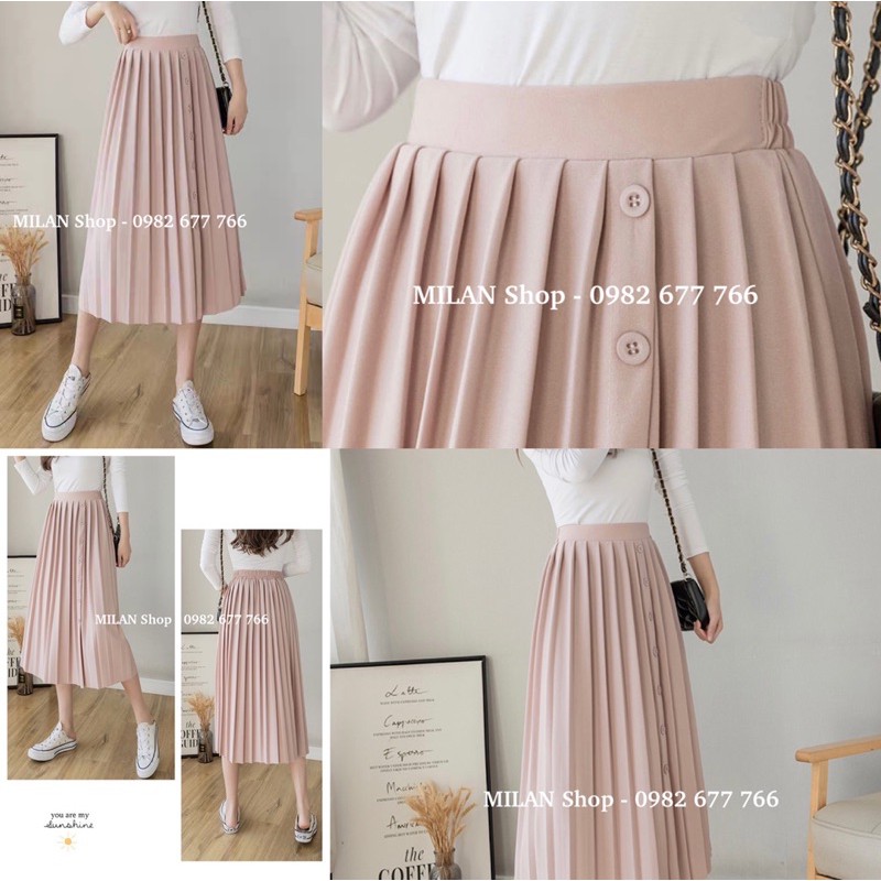 Chân váy xếp ly midi đính khuy lệch thời trang | BigBuy360 - bigbuy360.vn