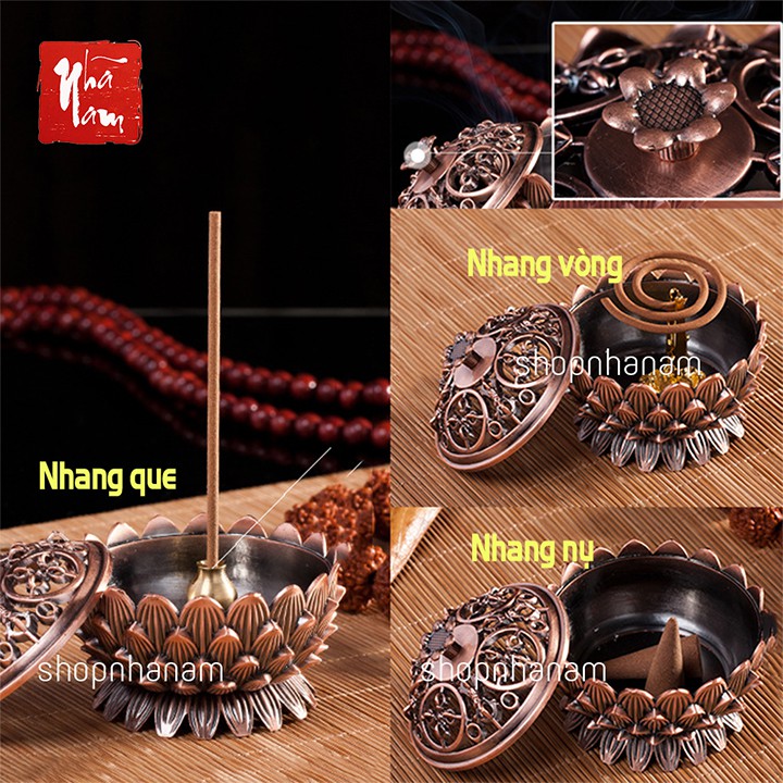 Lư hương đỉnh xông nụ trầm hương màu đồng đỏ lò đốt nhang vòng nhang que đế chân nến phụ kiện thác khói