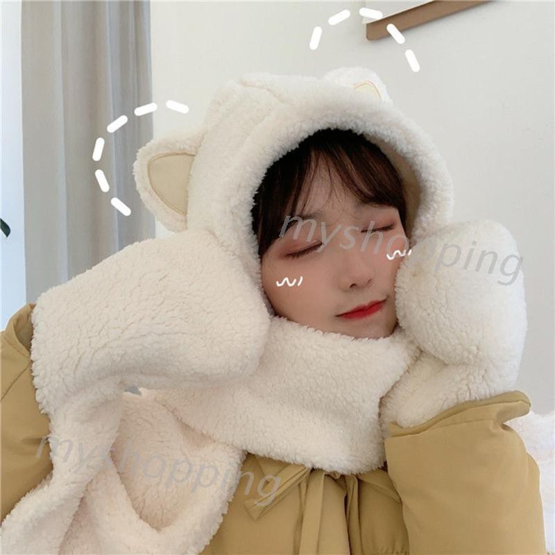 Khăn choàng lông nhung có mũ tai mèo và găng tay 3 trong 1