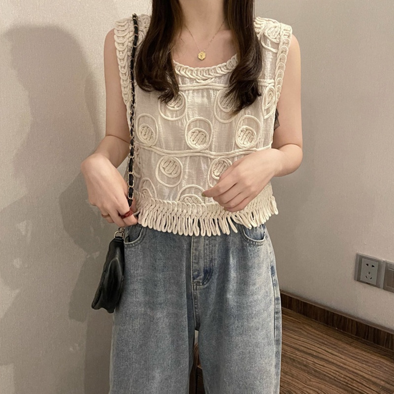 Xiangbao Áo Crop Top Dệt Kim Không Tay Khoét Lỗ Phối Tua Rua Tròn Cho Nữ