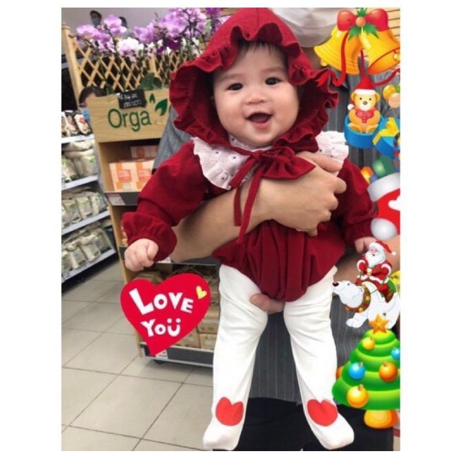 Áo liền quần đỏ mận cho bé kèm giày và nón