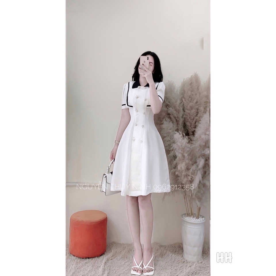 Hàng Order🌸Váy Đầm Dệt Kim Cổ Sơ Mi phối Màu Trắng Đen Trẻ Trung Nữ Tính🌸Hàng Quảng Châu | BigBuy360 - bigbuy360.vn