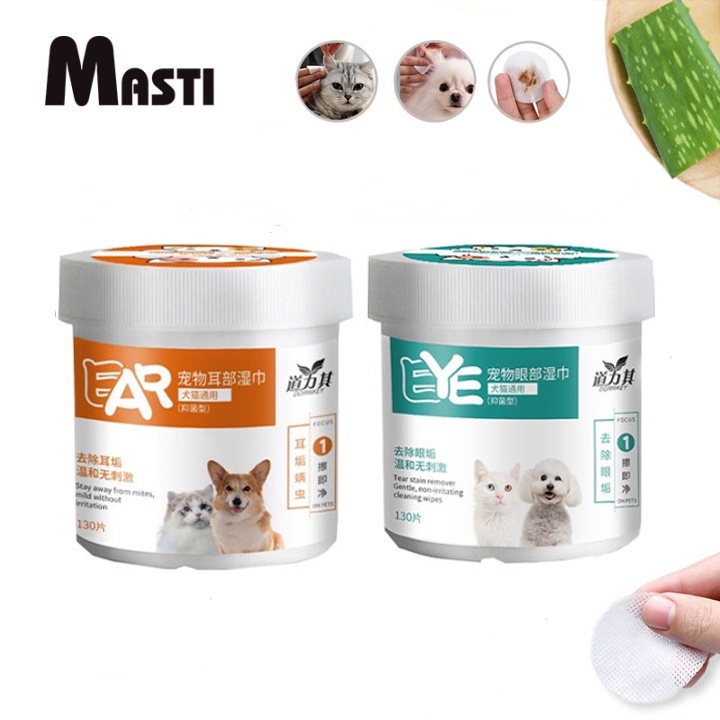 Khăn ướt MASTI LI0075 lau mắt và tai/ ố bẩn cho chó mèo chiết xuất từ cây lô Hội - hộp 130 miếng