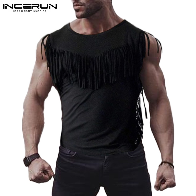 Áo thun INCERUN không tay cổ tròn gắn tua rua sành điệu cho nam