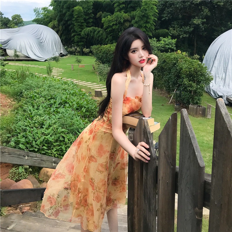 IELGY IELGY Đầm Voan Hai Dây In Hoa Phong Cách Pháp Cổ Điển Thời Trang Cho Nữ