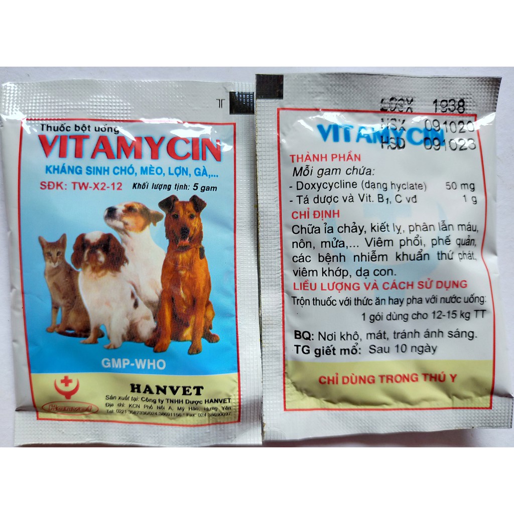 (Bao bì in màu) Vitamycin 5gr gói kháng sinh chó mèo (chỉ vỏ bao bì)