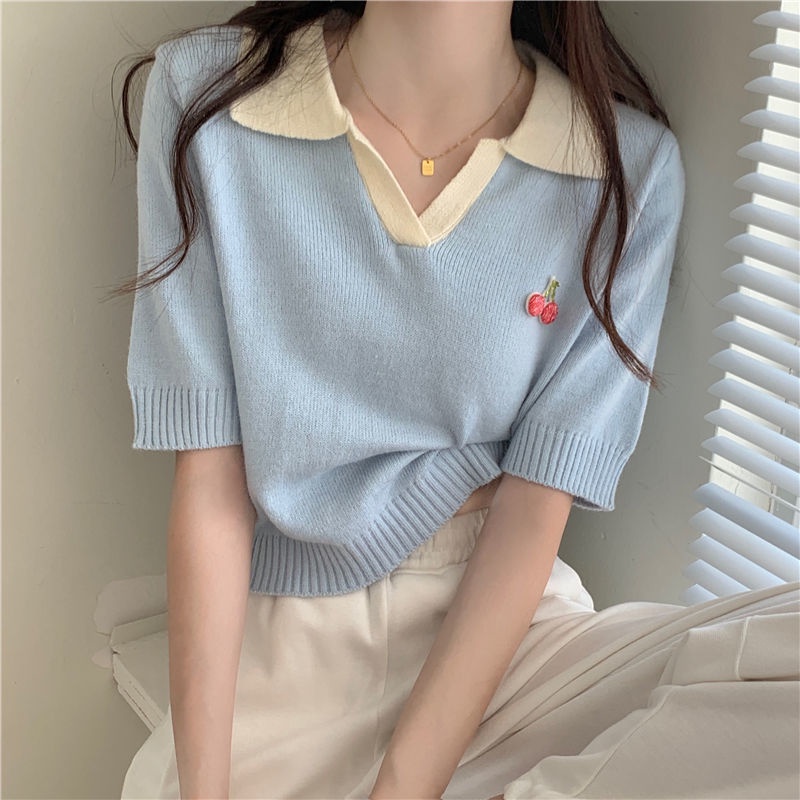 Áo Thun Polo Dệt Kim Tay Ngắn Màu Sắc Tương Phản Phong Cách Hàn Quốc 174855 Áo Dáng Ôm Dễ Phối Đồ Hợp Thời Trang