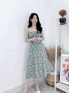 Váy hoa xanh 2s nơ ngực cho nữ fashion