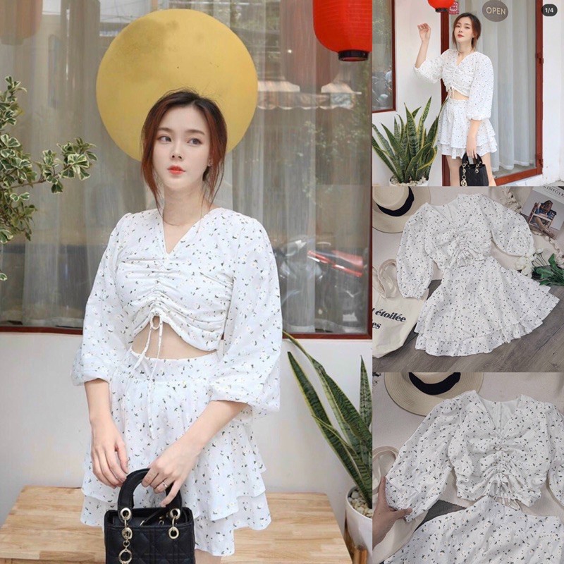 Set áo tay lỡ và chân váy xoè hoạ tiết hoa nhí vintage
