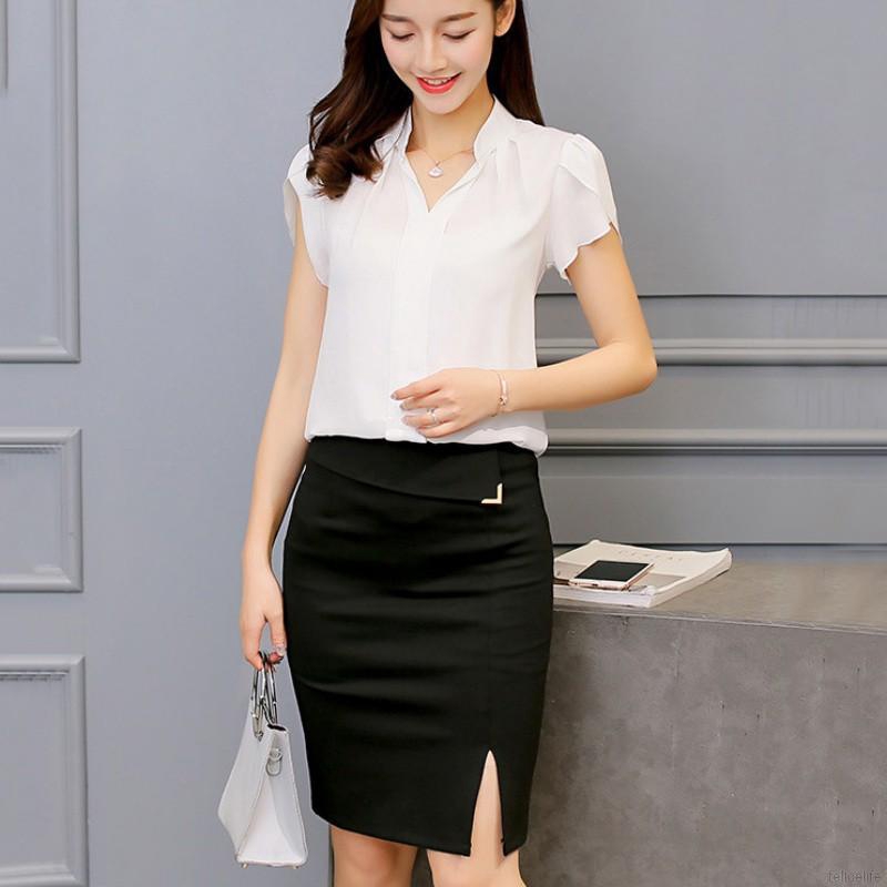 Áo sơ mi voan tay ngắn cổ V thời trang thanh lịch cho nữ