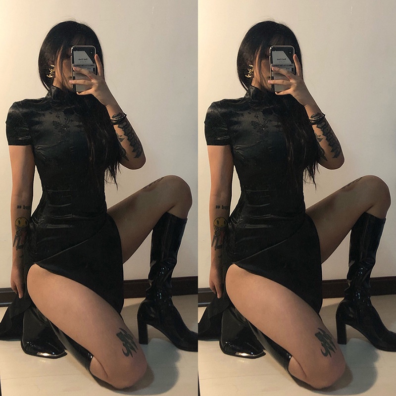 DUNEA Đầm sườn xám thiết kế xẻ tà thêu họa tiết phong cách Trung Hoa quyến rũ thời trang cho nữ