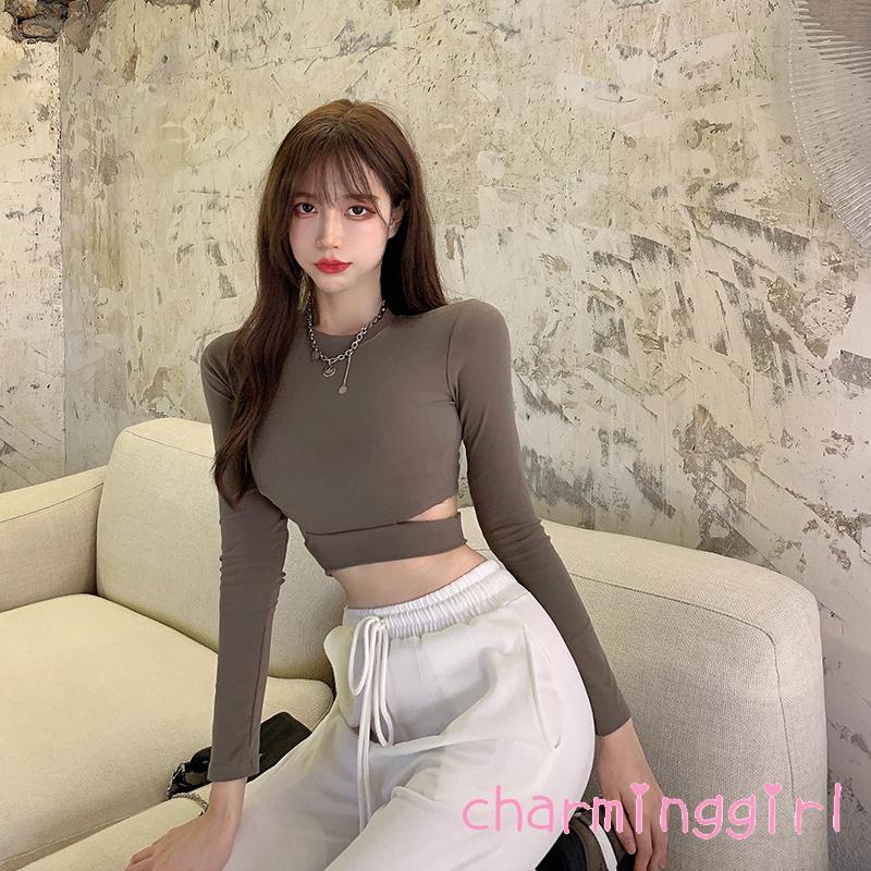 Áo Thun Crop Top Tay Dài Cổ Tròn Màu Trơn Thời Trang Xuân Hè Cho Nữ