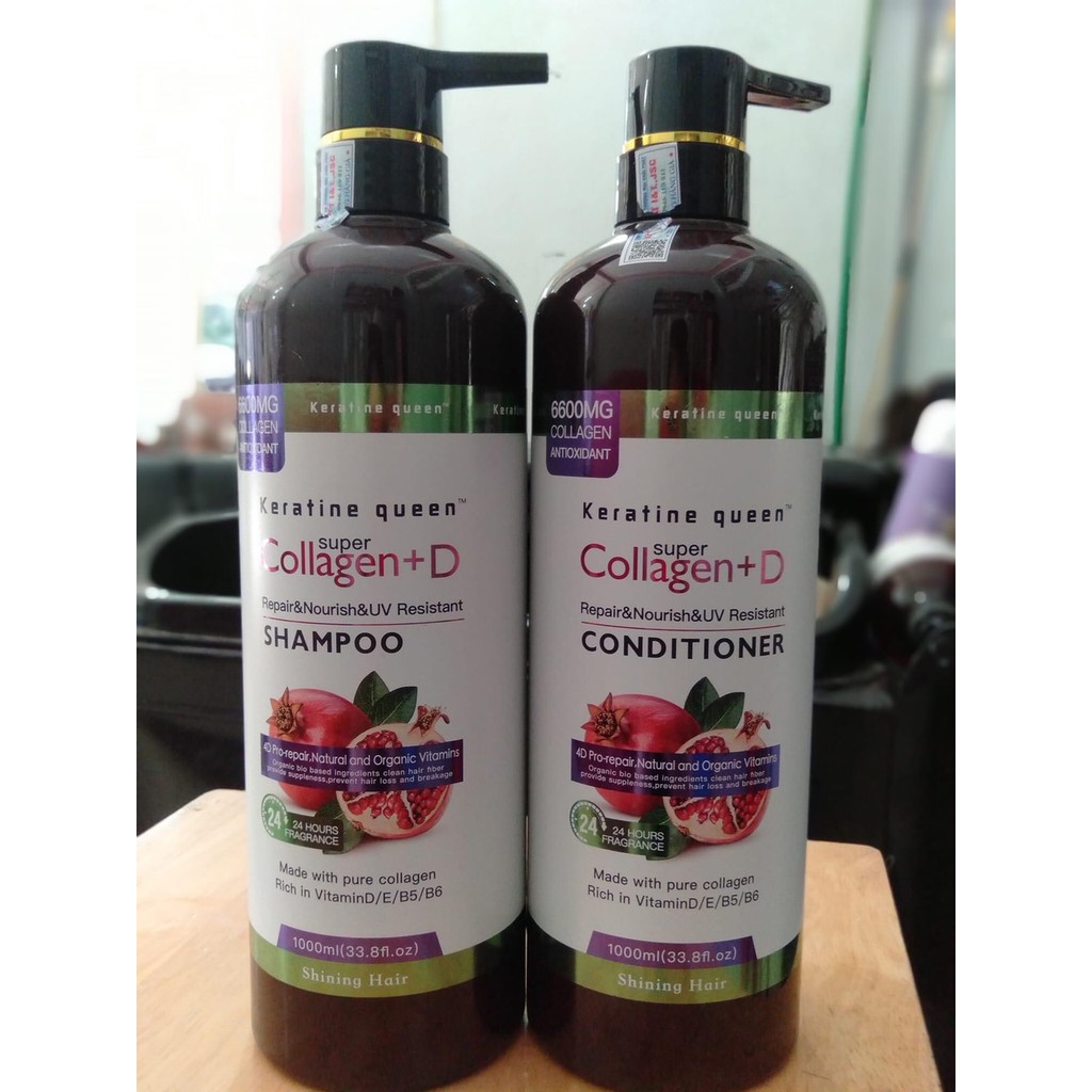 Cặp Dầu Gội Xả Lựu Super Collagen +D Keratine Queen Siêu Mượt 1000ml x2