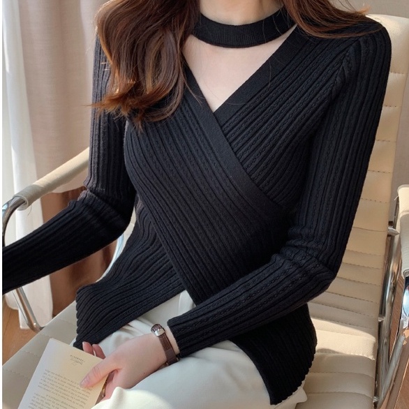 【ZHELIHANGFEI】Áo Dệt Kim Tay Dài Thiết Kế Cổ Chữ V Quyến Rũ