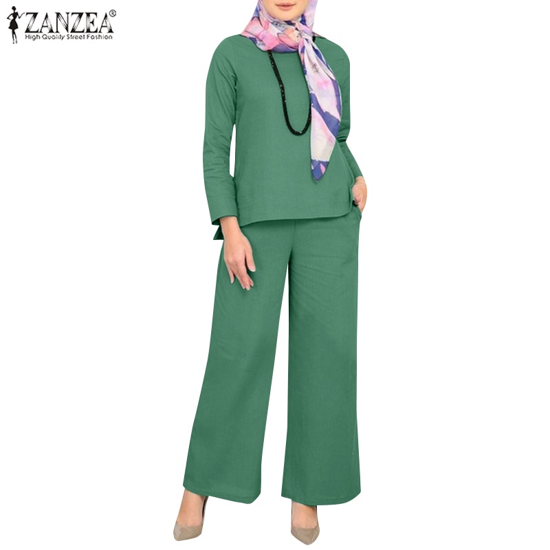 Zanzea Set Áo Thun Dài Tay Cổ Tròn + Quần Dài Lưng Thun Ống Rộng Thời Trang Nữ
