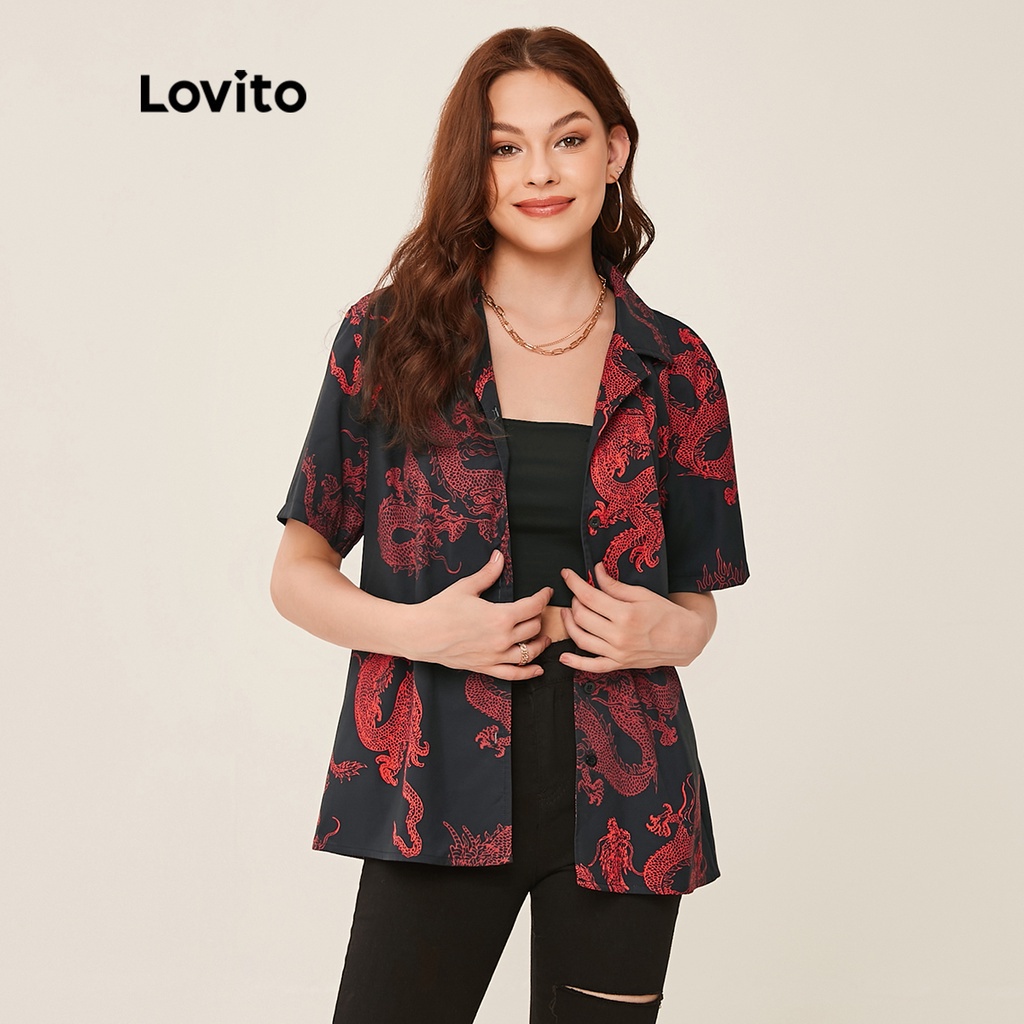 Lovito Áo Sơ Mi Tay Ngắn In Hình Rồng Màu Đen L20D379