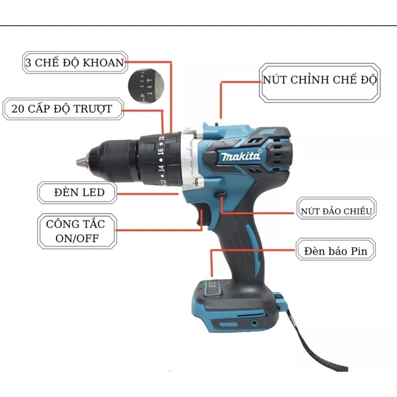 THÂN Máy Khoan Pin Makita De.Walt HTC không chổi than Đầu 13mm Autolock 3 chức năng Có Búa