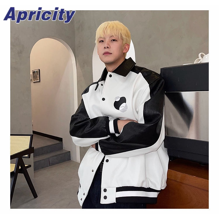 Aprilicity Áo Khoác Bóng Chày Bằng Da PU Phối Màu Trắng Đen Phong Cách retro Thời Trang Dành Cho Nam