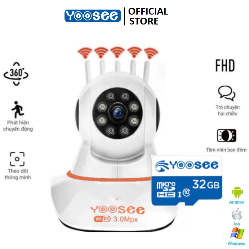 Camera wifi yoosee 5 râu CHUẨN 3.0 FULL HD Xoay 360 độ đàm thoại 2 chiều đèn Led xem đêm báo động BH