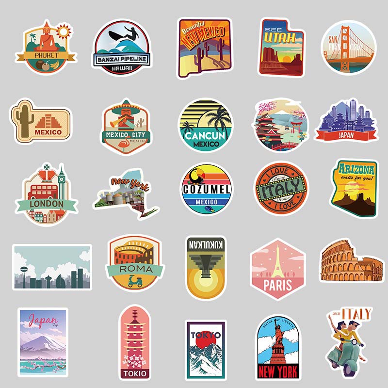 Set 50 Miếng Dán Trang Trí Hình Phong Cảnh Thành Phố