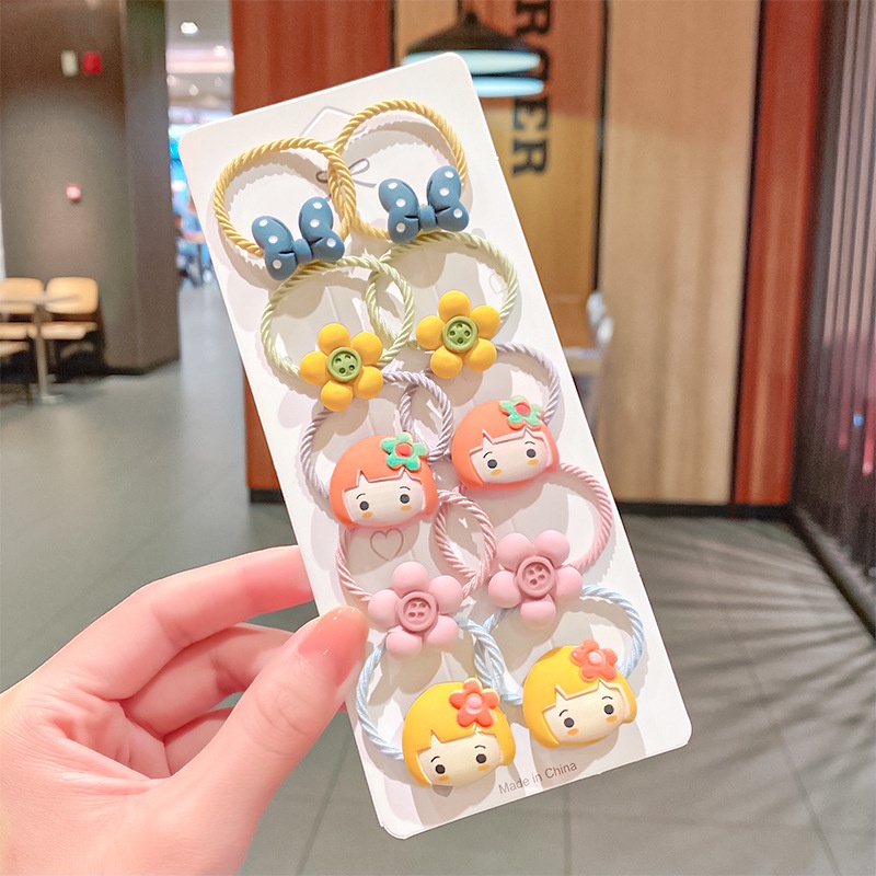 Set 10 Dây Buộc Tóc Co Giãn Họa Tiết Hoạt Hình Cho Bé Gái