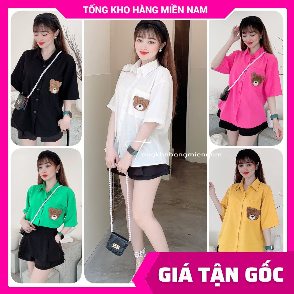 Áo sơ mi công sở nữ tay ngắn chất vải MT mềm mát thêu gấu dễ thương MT1978