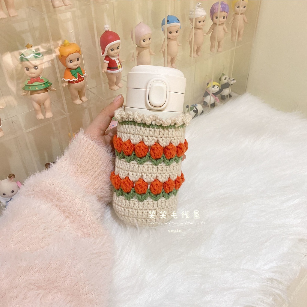 Vải sợi len móc túi xách hoa tulip tay xách bằng gỗ DIY